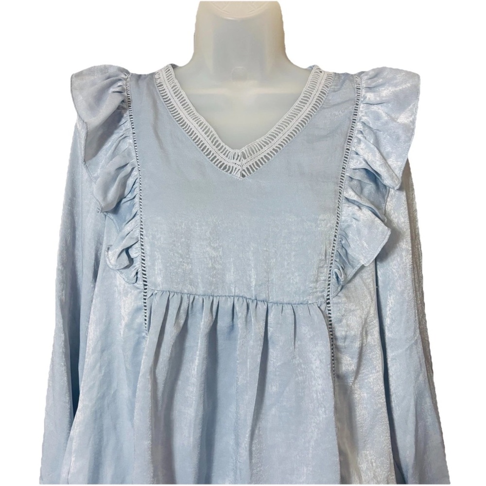 Altar'd State Womens XS Long Sleeve Babydoll Ruffle V-neck Feminine Blouse Blue - Picture 2 of 11